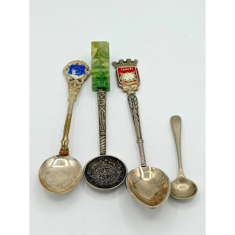 Vintage Souvenir Spoon Lot Mexico Tahiti Alaska Aztec Calendar Jade Handle 4pc